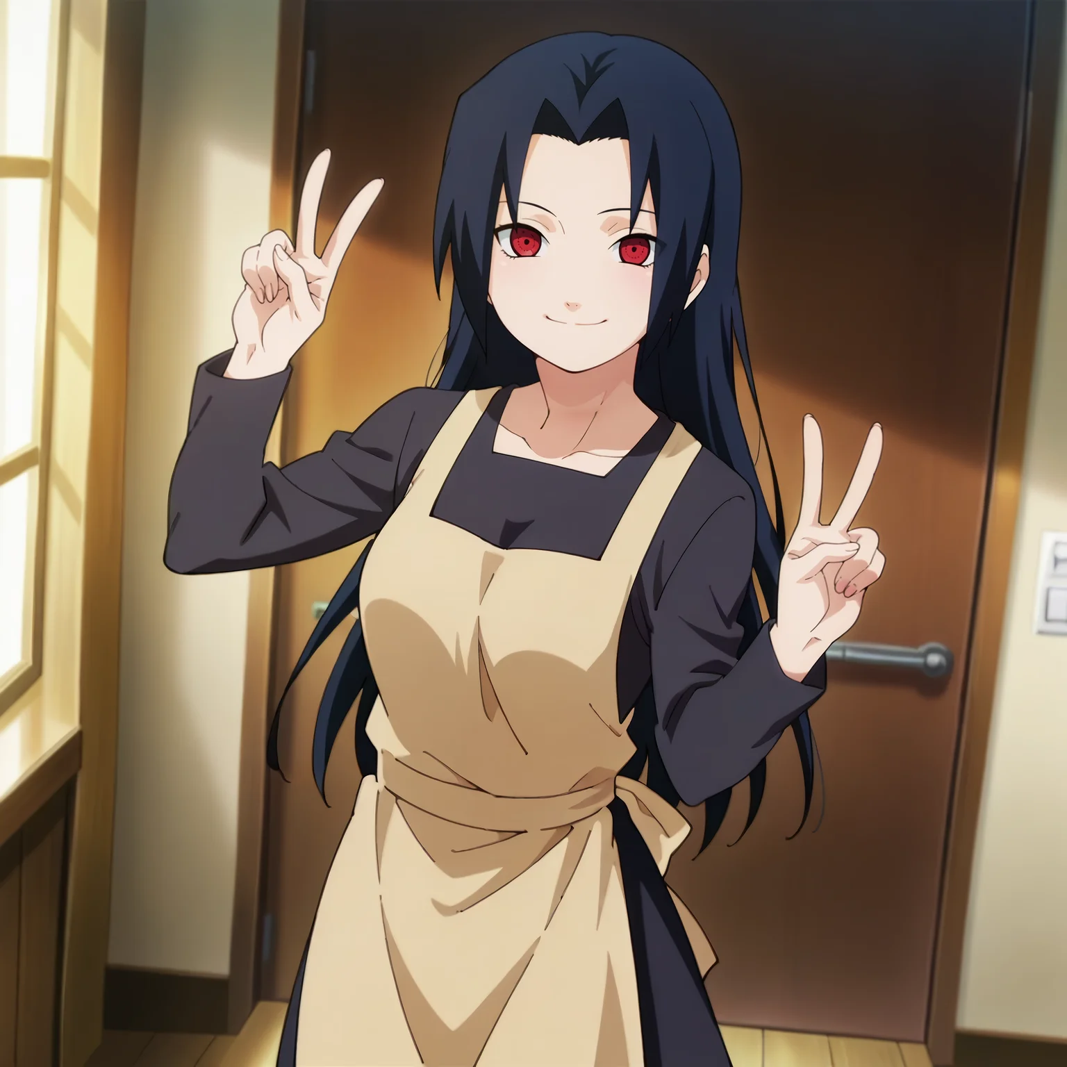 ,indoors, solo, portrait, double v, happy, closed mouth,
, <lora:uchiha_mikoto_IL v1.2:0.9> umikoto, parted bangs, bangs, long hair, black hair, medium breasts,
shirt, skirt, black shirt, black skirt, long sleeves, long skirt, apron,
sharingan,red eyes,
anime screencap, masterpiece, best quality,