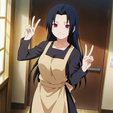 ,indoors, solo, portrait, double v, happy, closed mouth,
, <lora:uchiha_mikoto_IL v1.2:0.9> umikoto, parted bangs, bangs, long hair, black hair, medium breasts,
shirt, skirt, black shirt, black skirt, long sleeves, long skirt, apron,
sharingan,red eyes,
anime screencap, masterpiece, best quality,