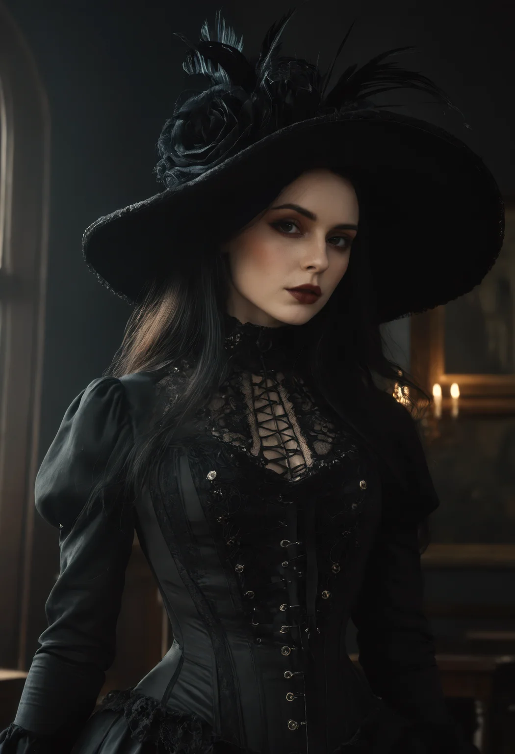 a Victorian-era gothic woman standing elegantly, (wearing a wide-brimmed black hat:1.2), long flowing Victorian dress with intricate lace details and a (tight corset:1.1), looking at viewer, pale skin, all-black clothing, dark and mysterious atmosphere, her expression calm yet haunting, standing in front of a dimly lit Victorian mansion, high contrast between her pale skin and dark attire, 8k resolution, cinematic lighting, medium shot, detailed face and fabric, side view, gothic elegance, eerie mood