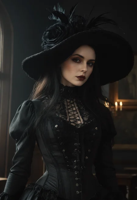 a Victorian-era gothic woman standing elegantly, (wearing a wide-brimmed black hat:1.2), long flowing Victorian dress with intricate lace details and a (tight corset:1.1), looking at viewer, pale skin, all-black clothing, dark and mysterious atmosphere, her expression calm yet haunting, standing in front of a dimly lit Victorian mansion, high contrast between her pale skin and dark attire, 8k resolution, cinematic lighting, medium shot, detailed face and fabric, side view, gothic elegance, eerie mood