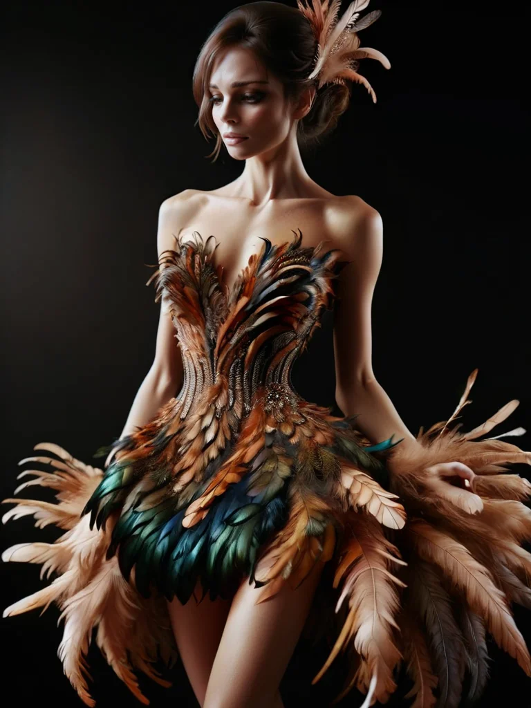 ral-feathercoat, a woman in a feather dress <lora:ral-feathercoat-sdxl:1> black background, dim warm backlight, ring light