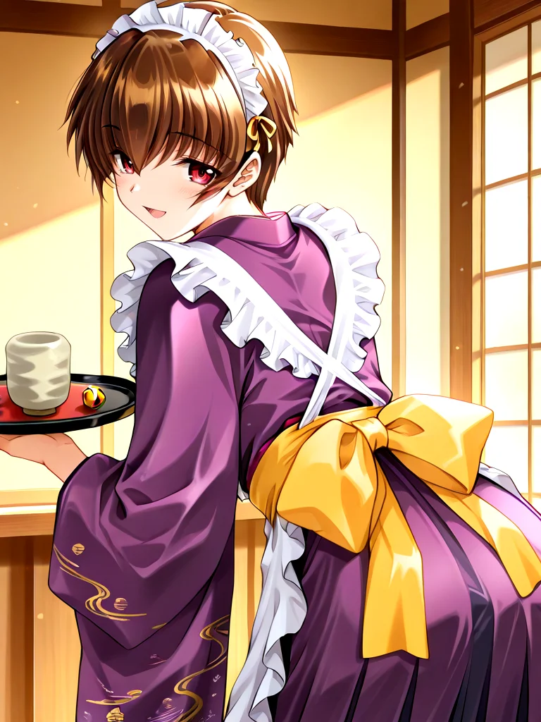 <lora:IL_kagura_izumi:1>,sq_m,kagura izumi,red eyes,
wa maid,holding tray,bell patten kimono,yellow bow,bell patten,
happy,leaning forward,from back,looking back,hands up,, masterpiece,best quality,amazing quality,very aesthetic,absurdres,