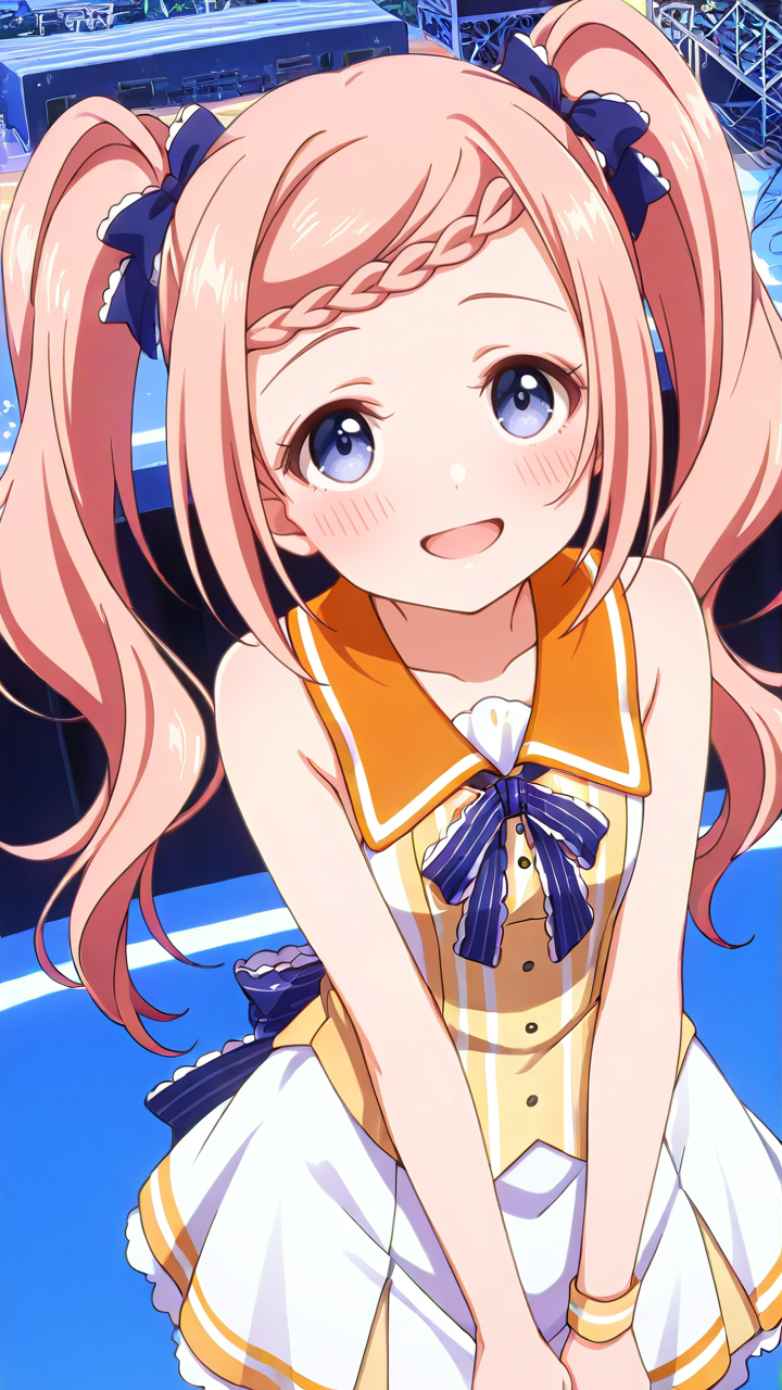 1girl,solo,anime screenshot,from_above,looking_up,flat chest,Champe,<lora:Champe_Illustrious_v4:1>,blush,shy,smile,idol,stage,petite,little_girl,open mouth,looking_at_viewer,, masterpiece, best quality