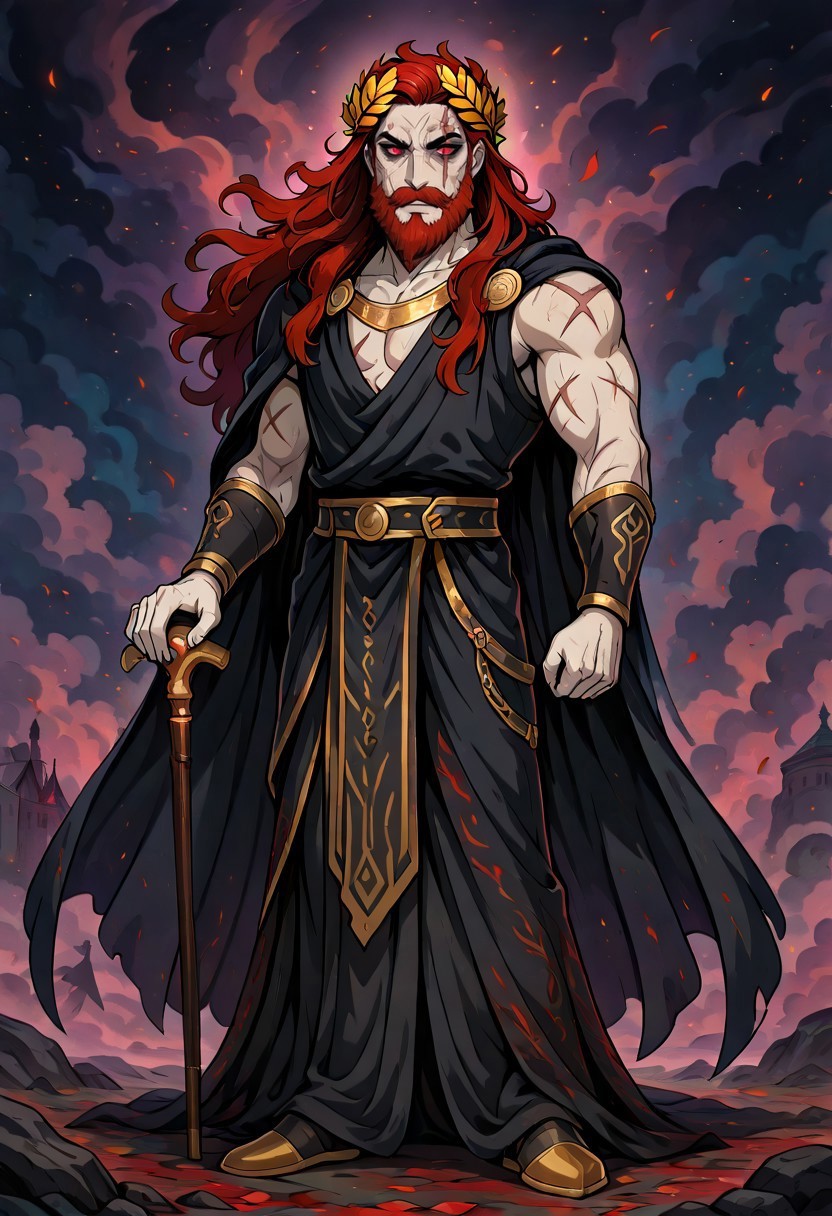 masterpiece, best quality, newest, absurdres, highres, ACGPTMV1, 1boy, red hair, beard, facial hair, mustache, scar, scars on face, goth fashion, red eyes, laurel crown, ancient greek clothes , sleeveless, robe, pale skin, pale, solo, solo focus, male focus, toned, makeup, eye shadow, full body, 
cane, 