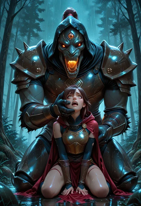 dark fantasy, 1girl, defeated girl, defeat, scared, looking at another, looking up, 1boy, knight, full amor, hooded helm, roaring, breastplate, pauldrons, living armor, monster, size difference, monster head, fang, extra eyes, abstract background, grabbing from behind, hand on another's face, holding another's wrist, battle damage, broken armor, torn cape, forest, (dark), rain, dynamic angle, foreshortening, kneeling, cowboy shot
SmoothNoob_Quality