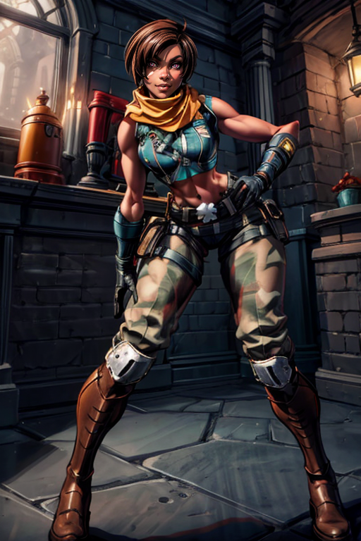 masterpiece,best quality,extreme detail,8k,image sharpness,standing pose,<lora:Kinessa-10 (1):0.8>,kinessa,1girl,solo,breasts,smile,short hair,brown hair,gloves,navel,full body,boots,midriff,belt,pants,pink eyes,scarf,lips,crop top,leaning forward,knee boots,pouch,nose,belt pouch,(curvy),<lora:more_details:1>,