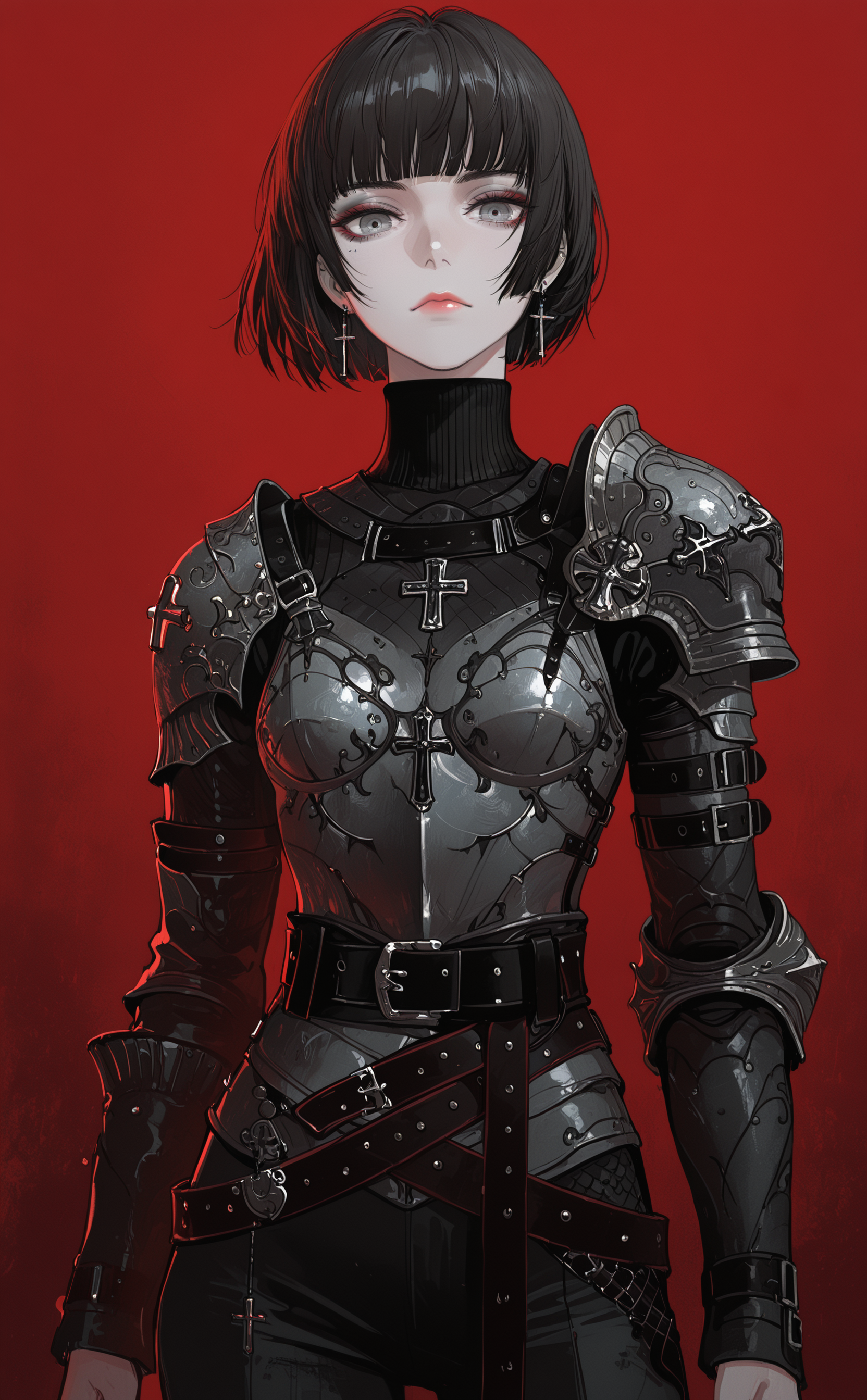 masterpiece, best quality, amazing quality, 1girl, solo, looking at viewer, short hair, black hair, long sleeves, closed mouth, jewelry, cowboy shot, earrings, belt, blunt bangs, armor, grey eyes, lips, makeup, turtleneck, bob cut, cross, shoulder armor, red background, buckle, eyeshadow, black belt, pauldrons, belt buckle, breastplate, pink lips, red lips, very short hair, cross earrings, multiple belts, single pauldron, hyur, 15546+456868, <lora:noobai_ep11_stabilizer_v0.138_fp16:0.3> <lora:NOOB_vp1_detailer_by_volnovik_v1:0.3> <lora:mon_monmon2133:0.5> <lora:114558v4df2fsdf5:0.6> <lora:gs_style_ilxl_v1:0.7> <lora:noob05-dinoartforame-jan30v2-step00002464:0.8>