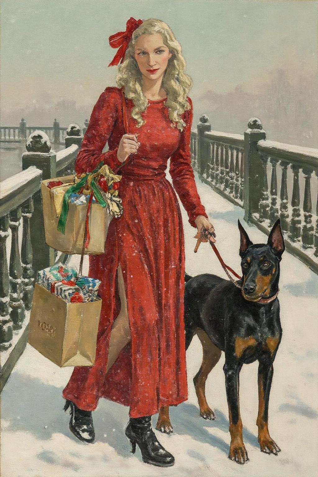 ethelleontinegabain1 painting.
A woman with long, wavy white hair is wearing a red dress with a high slit and a red bow in her hair. She is walking in the snow on a bridge, holding a shopping bag filled with wrapped presents in one hand and a leash attached to a dobermann dog in the other <lora:ethelleontinegabain1_cap_d8a4:1.0><lora:862160778805924934:0>