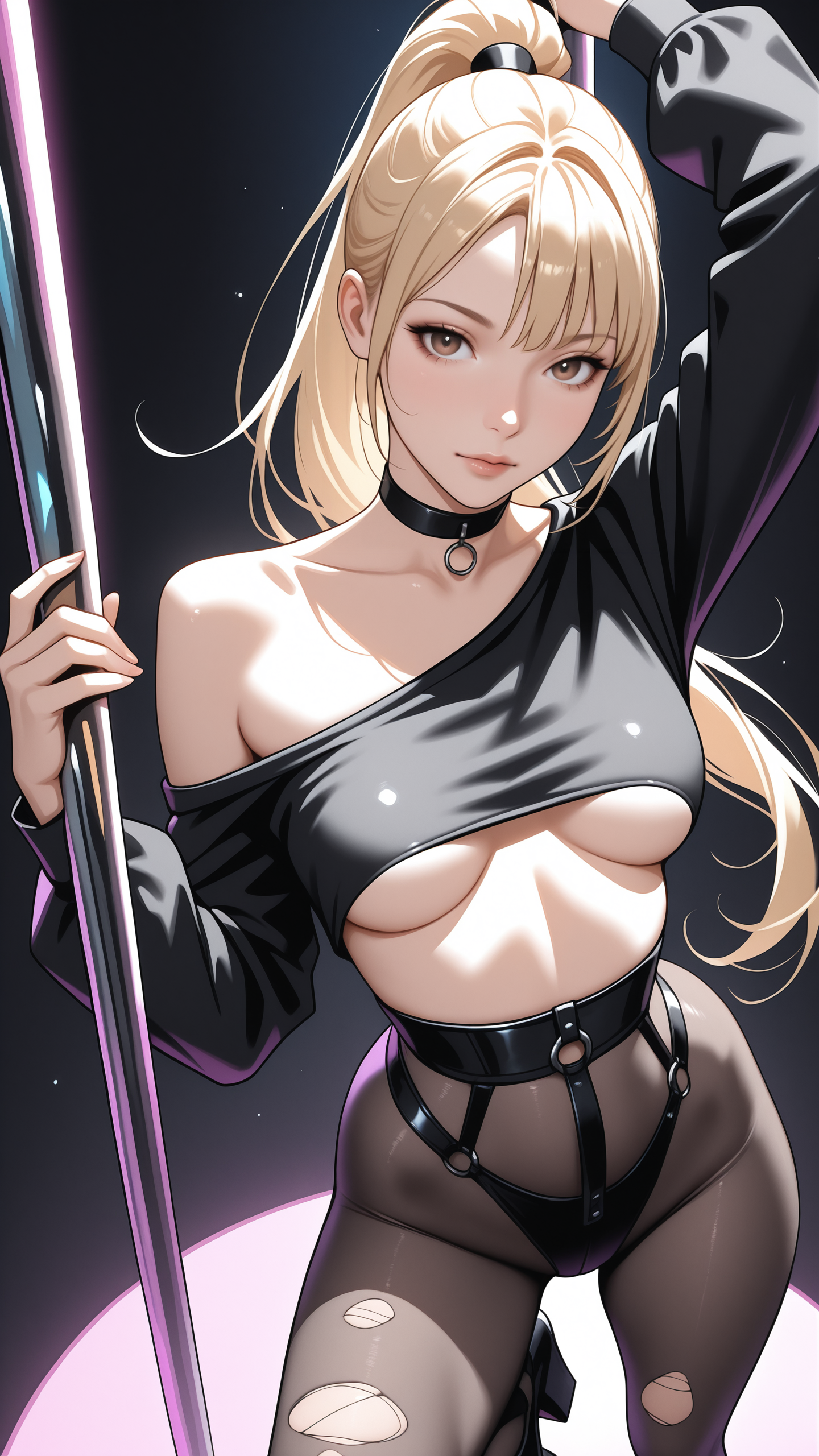 masterpiece, best quality, high resolution, very aesthetic, absurdres, newest, professional, high-quality, hyper-realistic, portrait of a woman, looking at viewer, detailed eyes, realistic body, 
woman, blonde, ponytail, looking at viewer,
pole dancing,
rvnss, black outfit, off the shoulder, underboob, harness, long sleeves, torn pantyhose, highwaist thong, platform shoes, choker,
high angle, front view, moddy lighting, neon colors, dark background,  neon back lighting <lora:raveness:0.9>