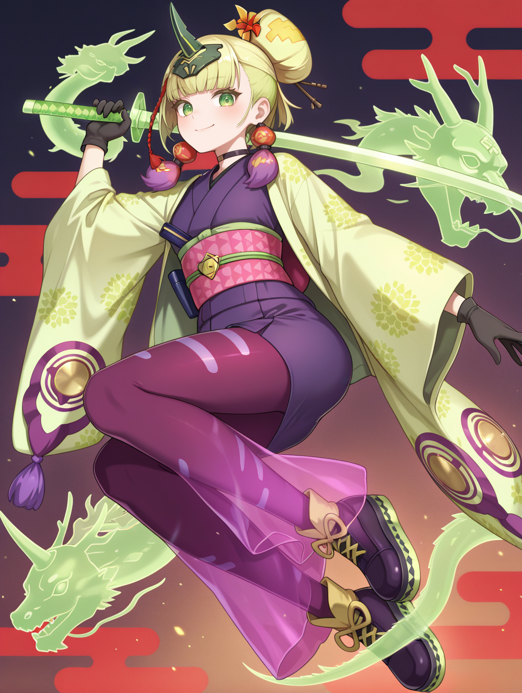 no-p.u.n.k. deer note, 1girl, solo, looking at viewer,  floating, smile, holding green hologram katana, green hologram katana, green hologram east dragon, single hair bun, closed mouth, pink see-through long skirt, red hair ornament, purple tassel earrings, black gloves, black choker, black horn headpiece, green haori, purple sleeveless kimono, pink sash, purple thighhighs, egasumi, floating green oni mask, sword over shoulder, 
masterpiece,best quality,amazing quality,very aesthetic,absurdres,newest,<lora:No-P.U.N.K. Deer Note illusXL v1:0.75>,