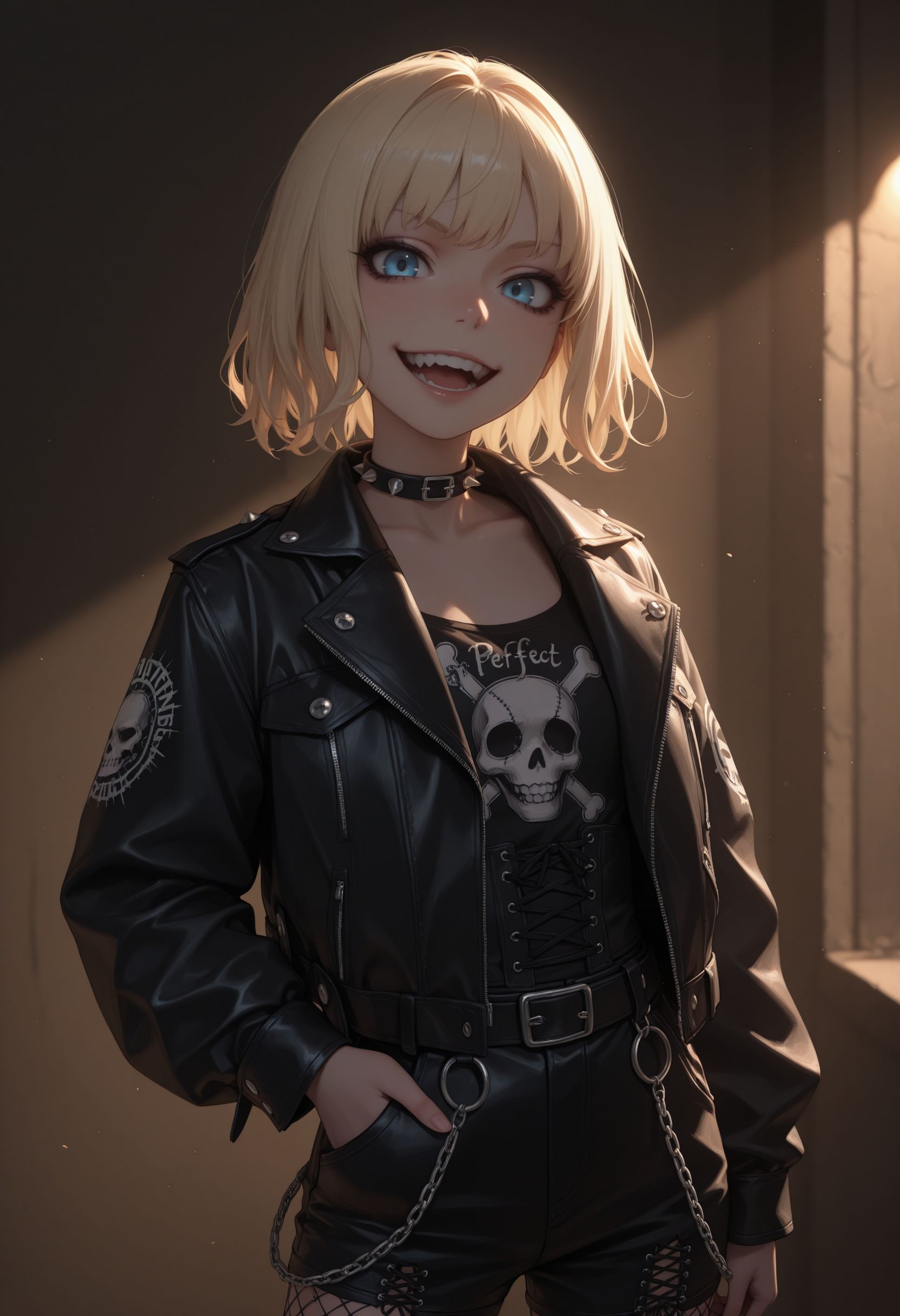masterpiece,best quality,absurdres,highres,very aesthetic,high quality,detailed,insanely detailed,beautiful,perfect lighting, looking at viewer, 
<lora:Leivinia Birdway illu:1> 1girl, blonde hair, blue eyes, short hair,
(punk outfit,)), smile, open jacket, hand on pocket, goth eyeliner, open mouth, full teeth