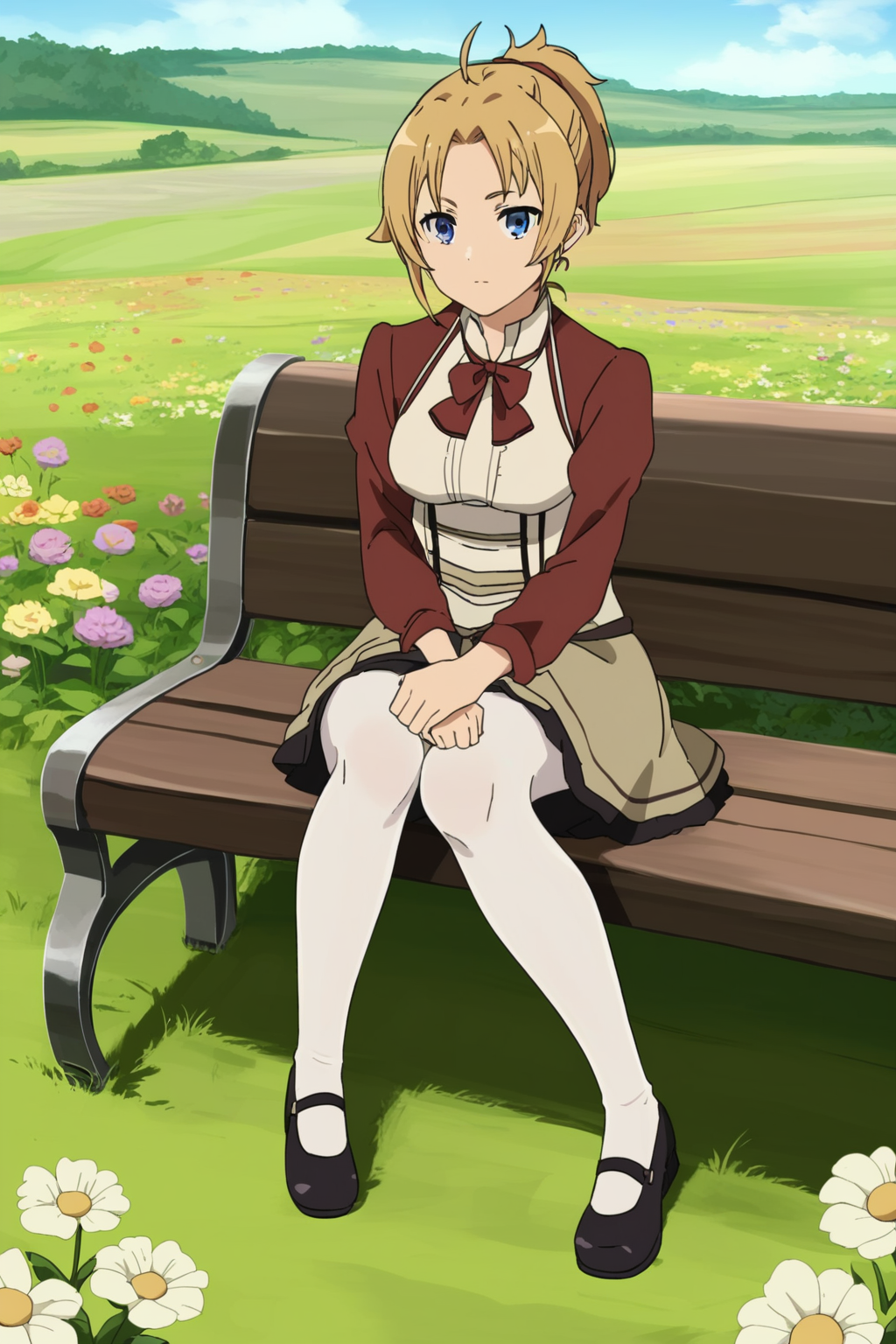 ,,,masterpiece,best quality,highres,4k,8k,intricate detail,cinematic lighting,perfect_eyes,High face detail,rating_explicit,high resolution,detailed eyes,
(score_7_up), source_anime,anime coloring,anime,(anime screencap),,zPDXL,
,,detailed background,, day, outdoors, flower field, village, 
,sitting, looking at viewer, full body, expressionless, sitting on bench,
, alternate costume,  ,
,black dress, blouse, white shirt, red bow tie, white pantyhose, mary jane shoes, black leather shoes. , mary janes, 
,,zenith greyrat,mushoku tensei, short hair, blonde hair, blue eyes, ahoge, parted bangs, short ponytail,mature female,short skirt, 
,  <lora:Zenith_Greyrat_PonyXL_v1:0.7>