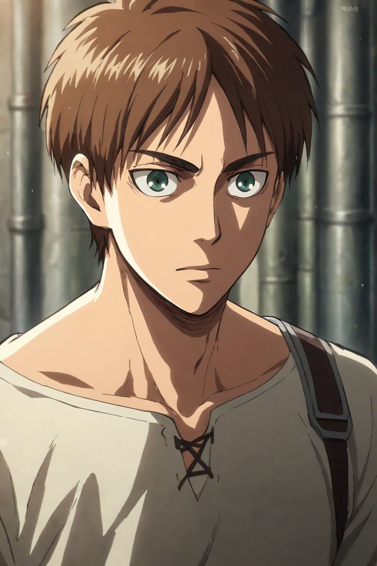 score_9, score_8_up, score_7_up, score_6_up, score_5_up, score_4_up, BREAK source_anime, 1boy, solo, male focus, , <lora:Eren_Yeager_PonyXL:0.88>, eren_yeager, brown hair, green eyes, , , soft science fiction, <lora:sdxl_lightning_8step_lora:1>
