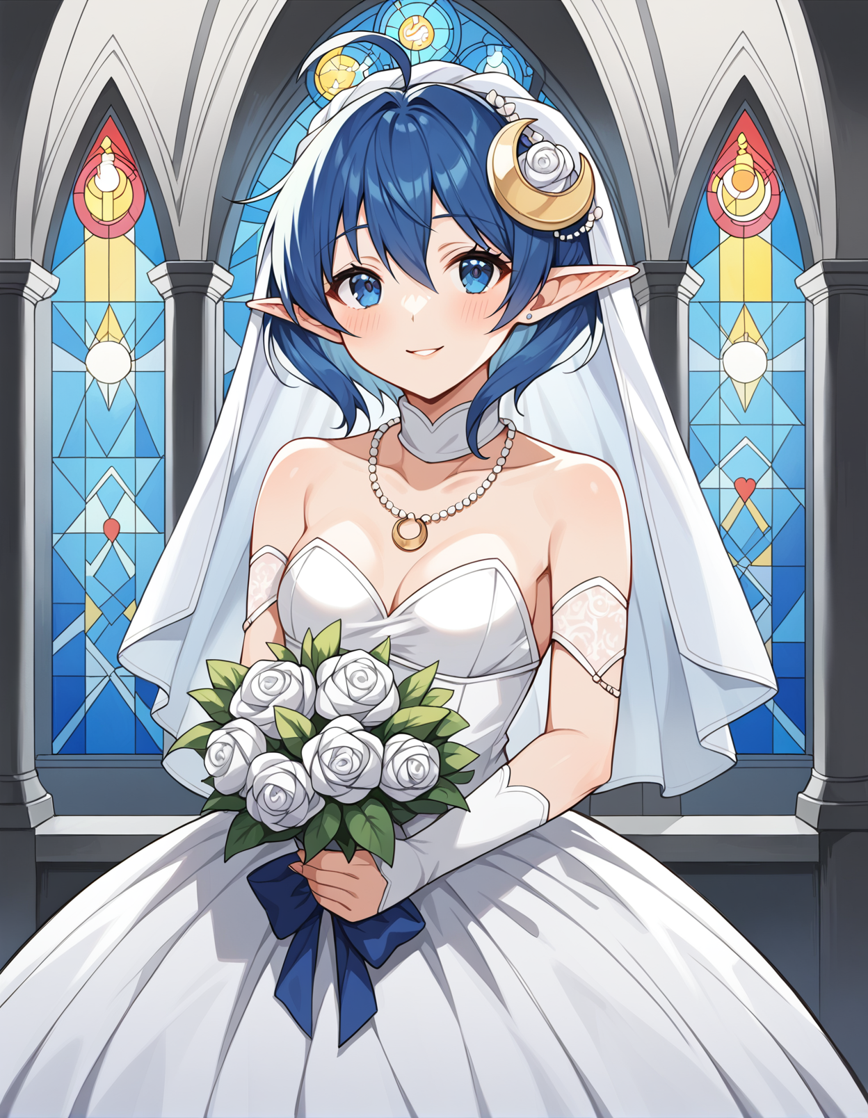 score_9, score_8_up, score_7_up, source_anime, rating_safe, BREAK score_9, rating_explicit, BREAK <lora:renaLanfordXL_LoRA-C3Lier_AdamW_Dim16_Alpha16_UN-3e-4_TE-1.5e-4_10batch_ponyDiffusionV6XL_v6StartWithThisOne:1>, rena lanford, 1girl, ahoge, blue hair, short hair, blue eyes, pointy ears, small breasts, crescent hair ornament, necklace, bridal veil, wedding dress, flower, bouquet, standing, looking at viewer, looking up, facing viewer, blush, light smile, stained glass, church