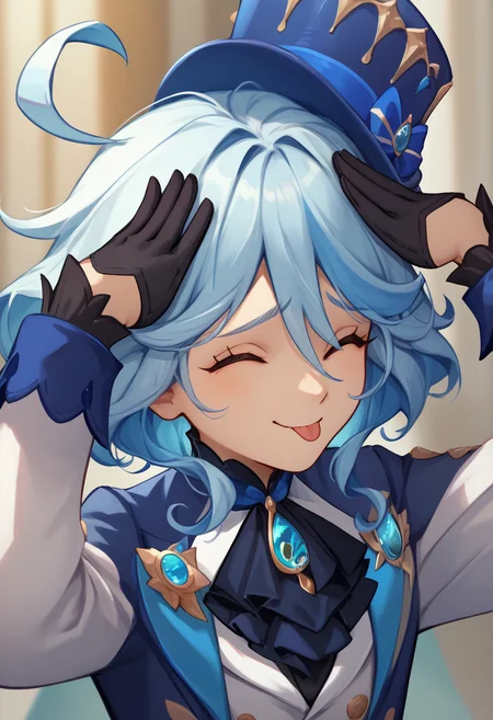 score_9, score_8_up, score_7_up, AhEtoBlehMeme, closed eyes, tongue out, :p, hands on own head, smile,  <lora:AhEtoBlehMeme_pdxl_Incrs_v1:1>,  <lora:genshinimpact_furina_ponyXL:0.8> furinadef, ahoge, blue headwear, top hat, jacket, ascot, brooch, long sleeves, black gloves, white gloves, white shorts