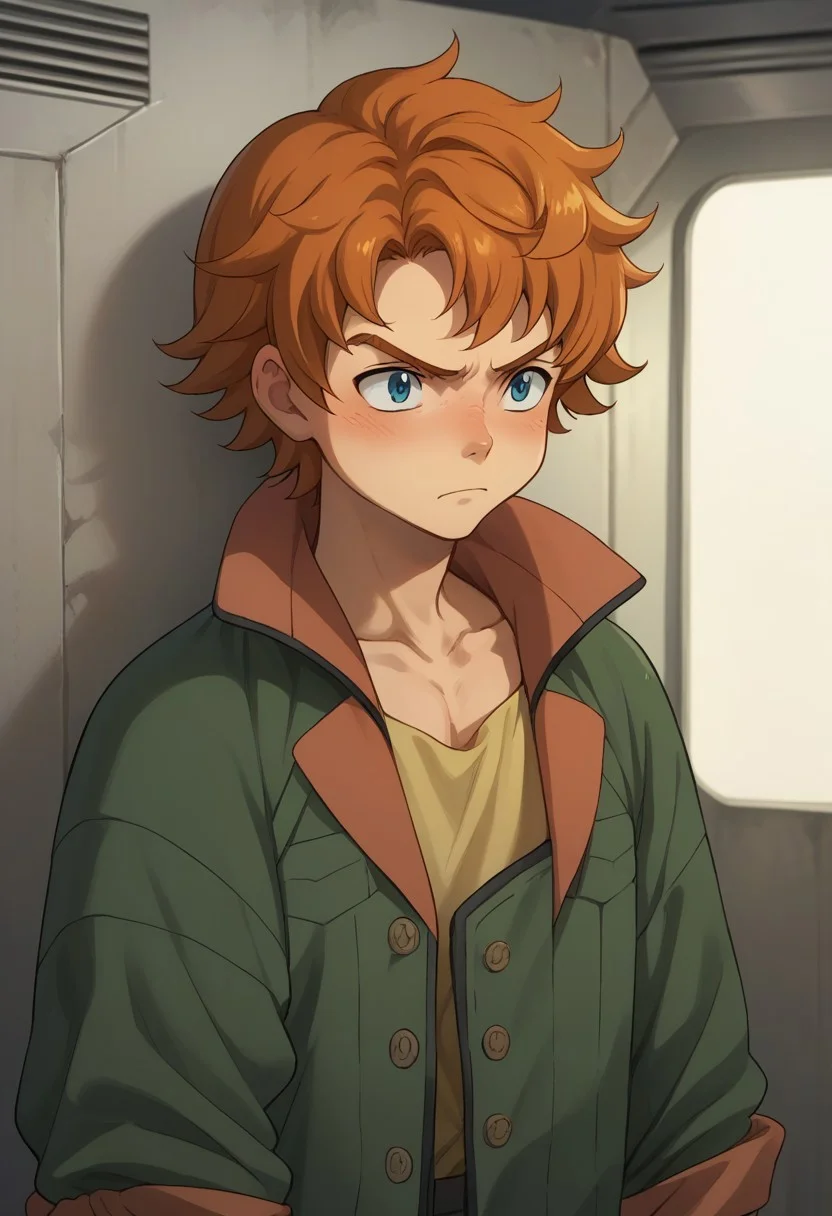 score_9, score_8_up, score_7_up, source_anime, highly detailed,
ridemass, 1boy, male focus, solo, blush, frustrated, blue eyes, upper body, orange hair, jacket, green jacket, rolled up sleeves,
indoor, hangar,