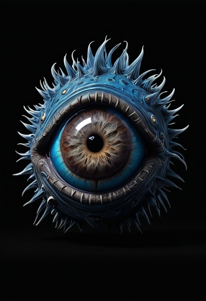 monoprone, two colours, A detailed, fantastical creature with a large, intricately designed eye. The eye is the central focus, surrounded by a complex array of teeth and spiky protrusions. The creature's skin is textured with a mix of browns and grays, and it has a glossy finish. The pupil of the eye is a striking shade of blue, and the iris is a deep brown with a reflective quality. The background is dark, which accentuates the creature's features and gives the image a mysterious and otherworldly feel. The overall style of the image leans towards digital art with a high level of detail and realism., solo, looking at viewer, blue eyes, simple background, outdoors, teeth, artist name, signature, no humans, glowing, leaf, grass, sharp teeth, plant, black background, 1other, third eye, close-up, reflection, monster, eyeball, creature, one-eyed, dark background, extra eyes, horror \(theme\), cyclops, eye focus