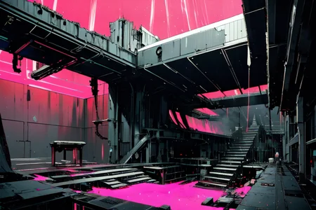 highly insanely detailed, masterpiece, top quality, best quality, highres, 4k, 8k, RAW photo, (very aesthetic, beautiful and aesthetic),  
tsutomu nihei,nihei_tsutomu,blame!,blame gakuen!,abara,TNstyle,sidonia_no_kishi,(megastructure in background,hangar,giant room),light particles,dome,dark sky,black sky,fog,mist,concrete walls,metal walls,cables,tubes,industrial pipes,blm,vast scenery,perspective,dark background,flock,open space,decrepit,futuristic,dystopia,destroyed,science fiction,no human,cyberpunk,empty, 
<lora:blamev2:0.5>, 
(1girl:1.3), 
solo focus, 
downtown,city,pure orange background,pure white background,pure pink background,(fluorescent background),âââ