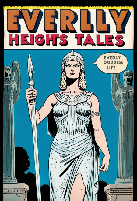 Vintage comic book with (title text: "EVERLY HEIGHTS TALES":1.2). statue of the goddess Athena comes to life in a horror film. <lora:Everly_Heights_Comics:1>