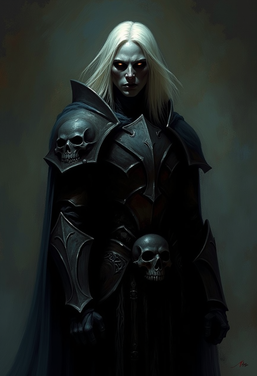 An atmospheric and powerful dark fantasy, natural organic and impressionist classical-style painting of a dark and ominous looking figure with long white hair is wearing a dark armor. The armor is made of metal and has a skull on the front of it. There are two skulls on the back of the armor.