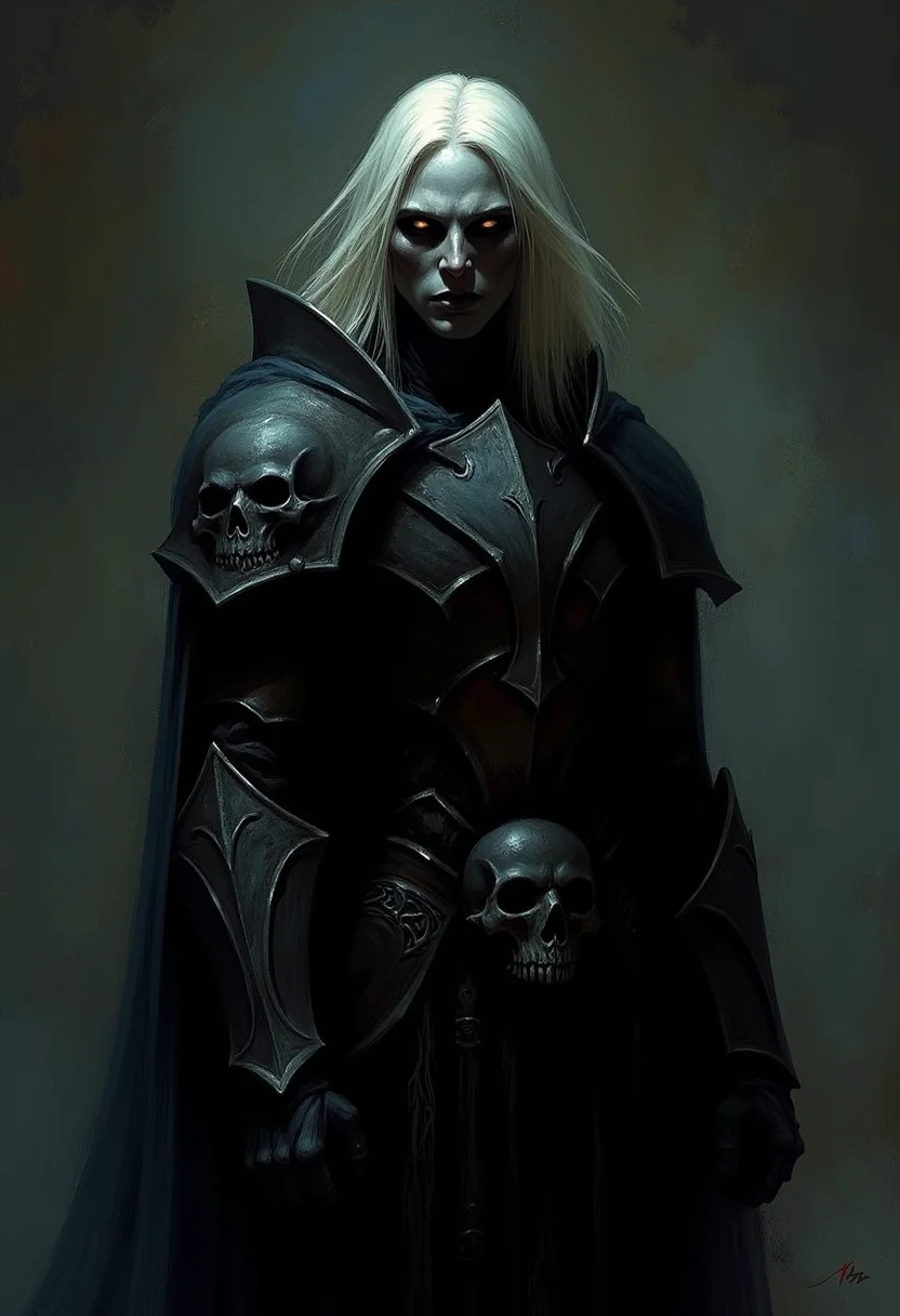 An atmospheric and powerful dark fantasy, natural organic and impressionist classical-style painting of a dark and ominous looking figure with long white hair is wearing a dark armor. The armor is made of metal and has a skull on the front of it. There are two skulls on the back of the armor.