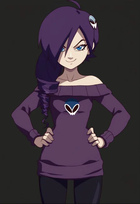 score_8_up. score_7_up, score_9, sharp lines, masterpiece, source_anime, anime screencap BREAK 1girl, zonetan, drill hair, long hair, purple hair, ahoge, (single skull hair ornament:1.4), blue eyes, purple sweater, off-shoulder sweater, hip-high stockings standing, (hands on hips), (smirk), frown, white background, (front view:1.4)