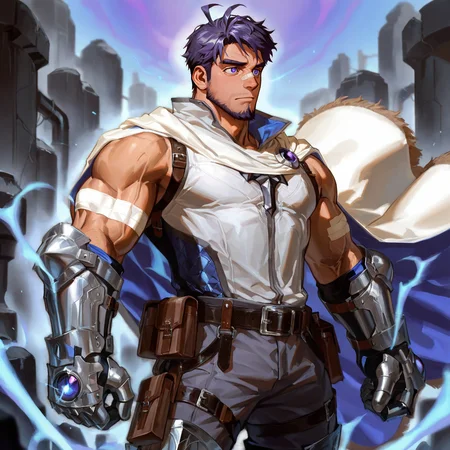 <lora:Blitz__Alchemist_Code-000003:.75>, tagatameblitz, 1boy, short hair, ahoge, indigo hair, indigo eyes, bandaid on nose, solo, male focus, manly, bara, mature male, muscle body, sleeveless shirt, cape, belt, gauntlets, bandage on arms, pants, boots, pouch, armor
cowboy shot, 
(very short hair, beard, bara, mature, facial hair, stubble, beard, full beard, sideburn, beard, a lot of beard, ), facial hair,male focus, muscular male, muscular male, bara, mature,  bara, mature, aixiwuganda_(20222192), very awa, masterpiece, best quality, absurdres, newest, perfect quality, detailed background, intricate details,
<lora:slider_Body Type_alpha1.0_rank4_noxattn_last:3><lora:Anime Summer Days 2 Style SDXL_LoRA_Pony Diffusion V6 XL:.6><lora:slider_cfg_scale_boost:.7><lora:Artist6p:.55>, Artist6p, Artist04p,<lora:slider_il_brightness_slider_d1:-1><lora:slider_il_contrast_slider_d1:-1><lora:slider_DarkSlider1.2_alpha1.0_rank16_full_300steps:-.6>