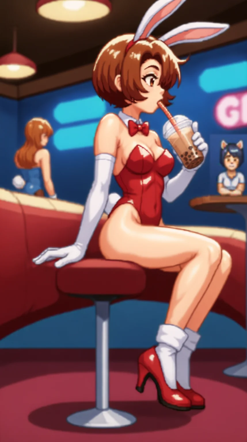 score_9, score_8_up, score_7_up,anime_source, source_anime, best background, detailed background, anime screencap, 4k, upscale, Keiko Kinuki, drinking, bubble tea, bunny outfit, animal ears, leotard, elbow gloves, high heels boots, club, inside, night club, <lora:JN_Keiko_Kuniki_Pony:0.8>
