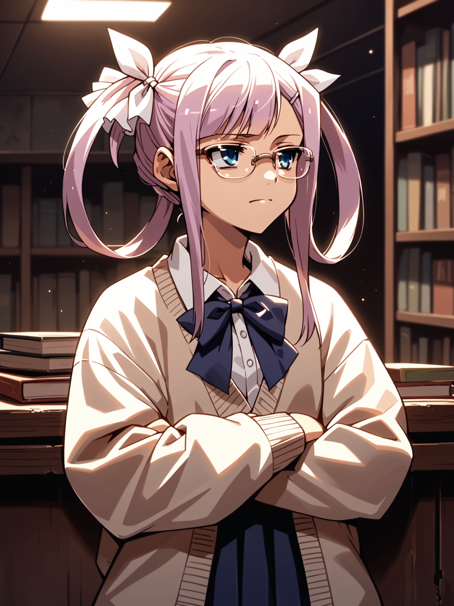 (cowboy shot, solo:1.1) <lora:happy_tentacle-sonshoukou-v0.1-000012:0.9>, ht_sonshoukou, hair ribbon, hairclip, flat chest, (petite:1.2), <lora:Shed_The_Skin's StS_age_slider_v1_initial_release:1.1> ( :1.1) ( , , ( :1.2) , , (looking at another:1.2) :1.2) , indoors, ((night, night sky :0.6), (blue sky:0.6) :0.8), ( :0.9), (furniture:0.9), abandoned , , , (people:1.1) , ( :0.8), library, librarian, shirt, skirt, cardigan, under-rim eyewear, glasses ( :0.8) score_9, score_8_up, score_7_up, score_6_up, score_5_up, score_4_up, [(realistic, photorealistic:1.3):(realistic:1.2):14] [(3d:1.2)::12] <lora:LUUNA's Lunas-NijiJourney-SDXL-B2:0.35>, nijijourney <lora:prgfrg23's Counterfeit-V3.0 Style SDXL_LoRA_Pony Diffusion V6 XL:0.35> <lora:mfcg's mfcgXL:0.12> <lora:reweik's gyokai(himehajime)_PonyXL_style_v01:0.14>