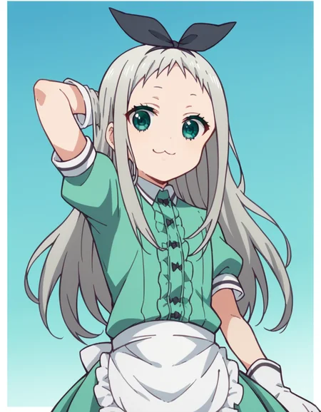 score_9, score_8_up, score_7_up, source_anime, <lora:hideri-kanzaki-s1-ponyxl-lora-nochekaiser:1>, hideri kanzaki, long hair, bow, green eyes, hair bow, grey hair, male focus, hairband, black hairband, otoko no ko, forehead,, gloves, dress, short sleeves, frills, puffy sleeves, white gloves, apron, puffy short sleeves, waist apron, white apron, frilled apron, waitress,, laundry day, clothesline, drying clothes, domestic life, fresh air, blue sky, smile, looking at viewer, foot forward, hand behind head, elbow down, solo,, cowboy shot, dutch angle