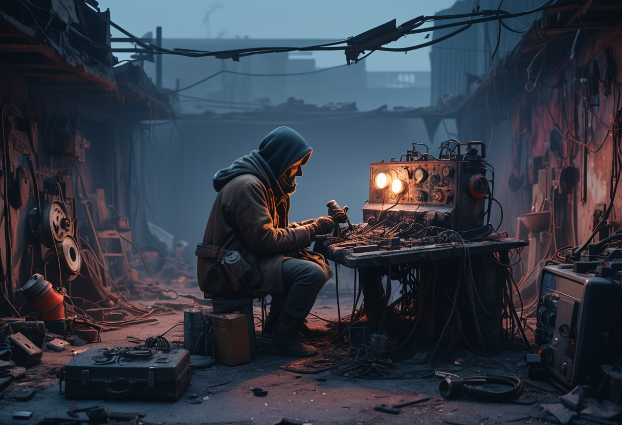 (medium full shot) of (long shot , slightly above) of wandering nomad repairing equipment, detailed face, located in a ruined world at a decayed garage during twilight with foggy weather, illuminated by flickering neon, creating a grim atmosphere, ,Masterpiece,best quality, raw photo, realistic, very aesthetic