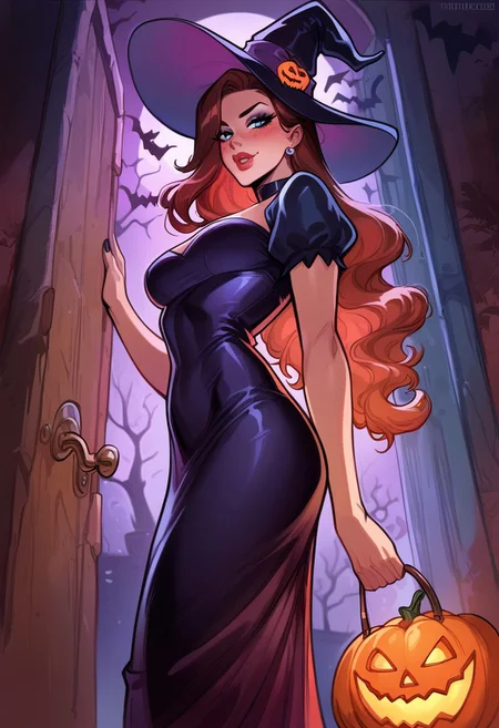 score_9, score_8_up, score_7_up, high quality, ((halloween spooky, trick or treater, fully clothed, witch outfit)), flushed red cheeks, Blue eyes, sunset, in front door, at doorstep, background, multiple hair colors, long hair, wild hair, pretty, love, (1girl low angle side view:1.3), seductive eyes, trick or treat, side view, sideview, detailed face,