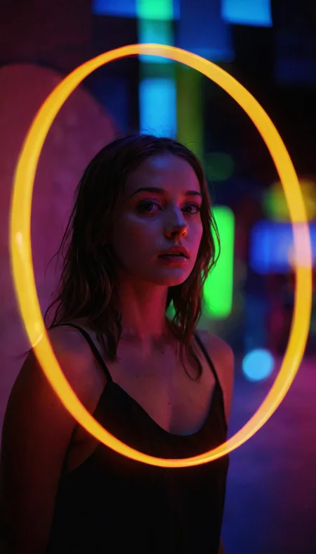 woman, circle, neon reflections, strange, colorful, beautiful, intense artificial light