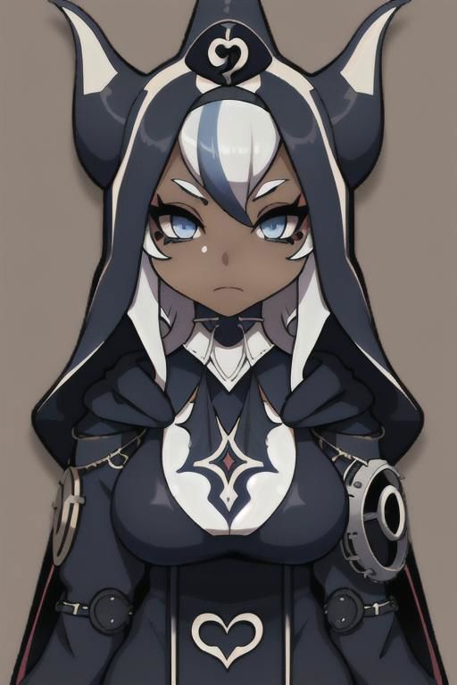 Devil, horns, body mods, huge breasts, thick thighs, muscular, ((dark tan skin)), white hair, ((navy hair streaks)), short spiky scene hair, slanted blue eyes,blue tribal cloud tattoos, non human, monster girl, bad ass, ((nun)), huge fluffy white scarf, (( hooded jumpsuit)), ((steampunk)), ((y2k aesthetic)), black, white, navy, light blue, 3d render, chibi, ((Kaeya Alberich inspired outfit)), poofy hair, eyeliner, emo, emo makeup, goth, wrench_genshin_style, chara-sheet