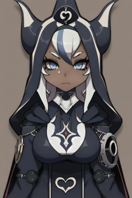 Devil, horns, body mods, huge breasts, thick thighs, muscular, ((dark tan skin)), white hair, ((navy hair streaks)), short spiky scene hair, slanted blue eyes,blue tribal cloud tattoos, non human, monster girl, bad ass, ((nun)), huge fluffy white scarf, (( hooded jumpsuit)), ((steampunk)), ((y2k aesthetic)), black, white, navy, light blue, 3d render, chibi, ((Kaeya Alberich inspired outfit)), poofy hair, eyeliner, emo, emo makeup, goth, wrench_genshin_style, chara-sheet
