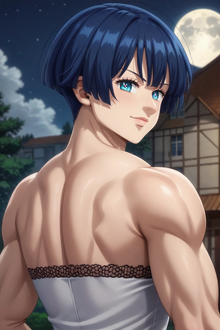 score_9, score_8_up, score_7_up, , rating_safe, , , looking at viewer, depth of field, 1girl, solo, <lora:gawain_nnt_mny_pony:0.92>, gawain_nnt_mny, blue hair, blue eyes, short hair, bangs, muscular female, close-up, apartment, night, full moon, looking back, heart eyes, , <lora:sdxl_lightning_8step_lora:1>