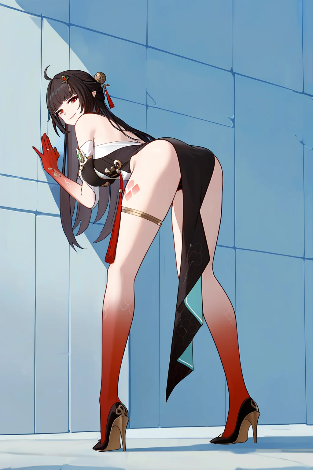8k, best quality, masterpiece, (ultra-detailed), (high detailed skin),
full body, full shot, standing, looking at viewer, (solo:1.2), simple background, leaning against a wall, from behind, looking back, looking at viewer, evil smile, up-down, top-down bottom-up,
<lora:lingsha-a3-Tanger-000014:0.8>, lingsha, default clothes, red hands, red feet, black dress, 1girl, long hair, black hair, breasts, ahoge, high heels, dress,