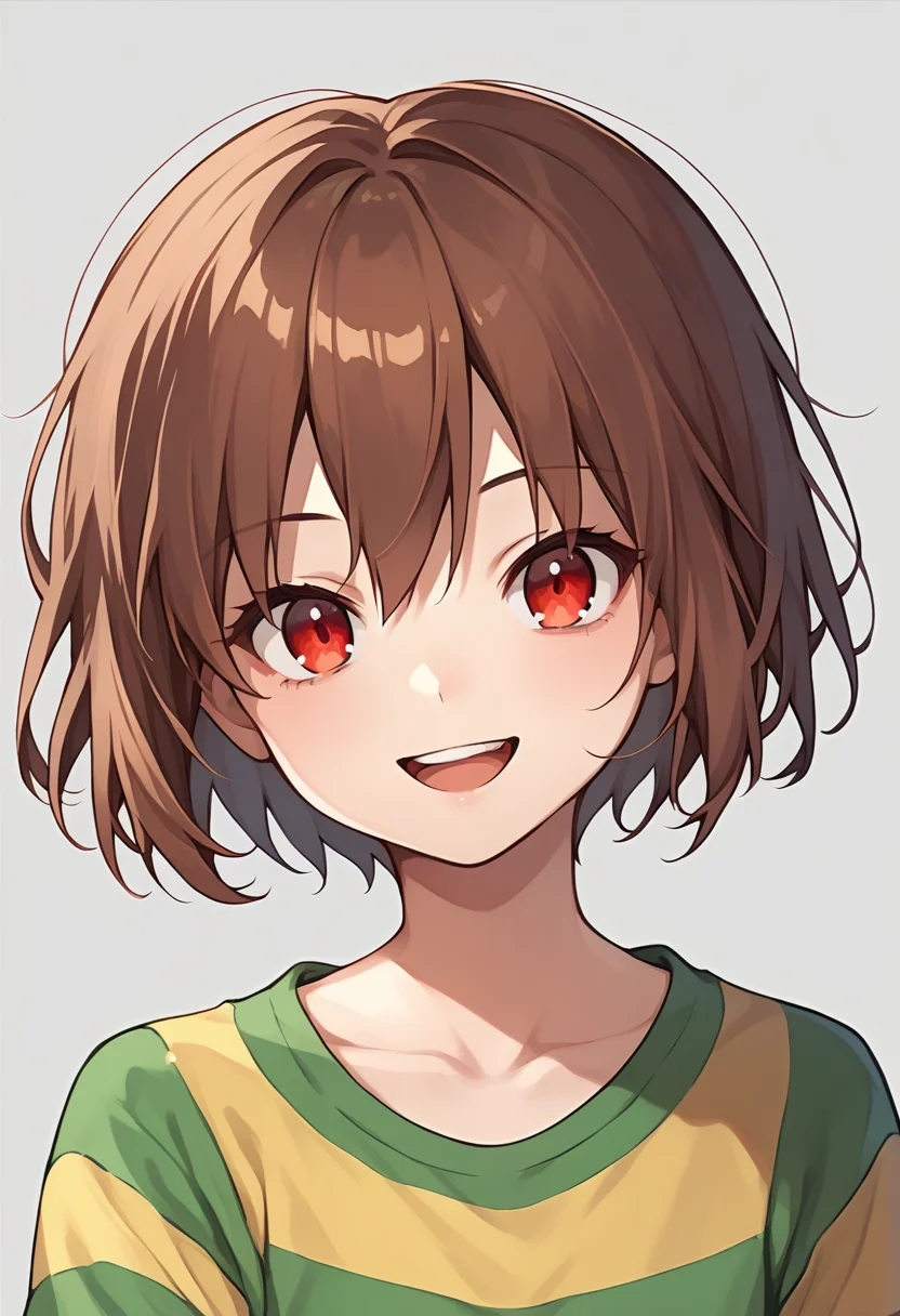 score_9, score_8_up, score_7_up, source_anime , <lora:Chara pony:0.5>, chara, 1girl, red eyes, shirt, striped, solo, brown hair, simple background, open mouth, looking at viewer, smile, upper body, grey background, striped shirt, short hair, long sleeves