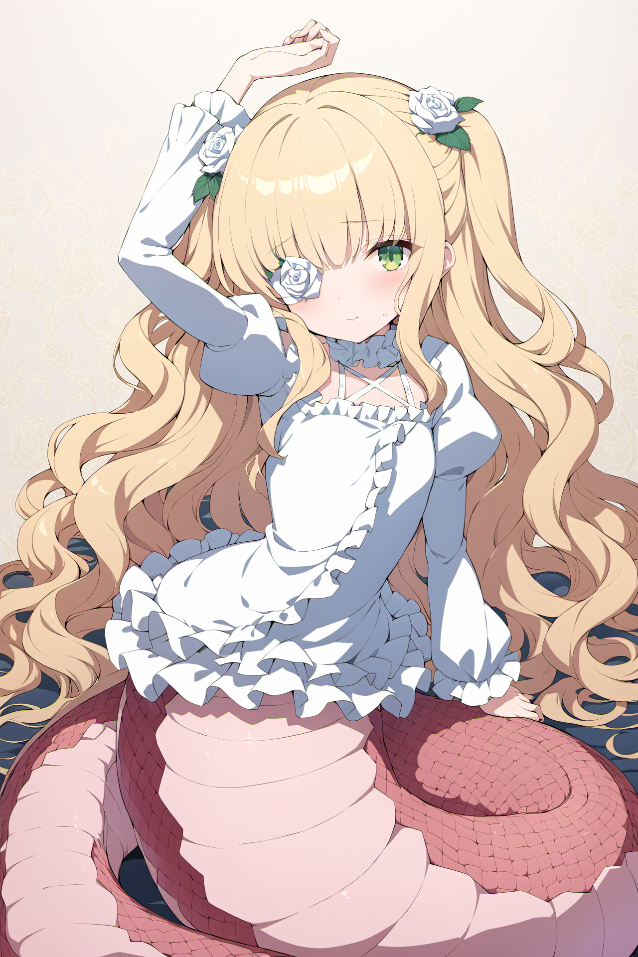((Masterpiece, best quality, illustration, high resolution, hyper detail, finely detailed, ultra-detailed),
8k, Wallpaper, grand, an extremely delicate and beautiful, anime, pixiv, colorful, distinct, bishoujo),
detailed cute anime face, perfect face, sharp
BREAK
<lora:SDXL_LoCon_lamia_WCoff_bt04_ep016_11328_1024_dim128_a032_con064_a008_LR00010_snr05_noise00_del:1>,
Lamia, monster_girl,
1girl, solo, full body, outdoor,
<lora:char-kirakishou-v1-bionagato:1>,Kirakishou,green_eyes,long_blonde_hair,wavy_hair,flower_over_eye,
headpat,hair_flower,white_rose,flower,white_dress,frilled_shirt,juliet_sleeves,frilled_skirt,cross-laced_footwear
