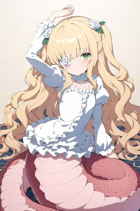 ((Masterpiece, best quality, illustration, high resolution, hyper detail, finely detailed, ultra-detailed),
8k, Wallpaper, grand, an extremely delicate and beautiful, anime, pixiv, colorful, distinct, bishoujo),
detailed cute anime face, perfect face, sharp
BREAK
<lora:SDXL_LoCon_lamia_WCoff_bt04_ep016_11328_1024_dim128_a032_con064_a008_LR00010_snr05_noise00_del:1>,
Lamia, monster_girl,
1girl, solo, full body, outdoor,
<lora:char-kirakishou-v1-bionagato:1>,Kirakishou,green_eyes,long_blonde_hair,wavy_hair,flower_over_eye,
headpat,hair_flower,white_rose,flower,white_dress,frilled_shirt,juliet_sleeves,frilled_skirt,cross-laced_footwear