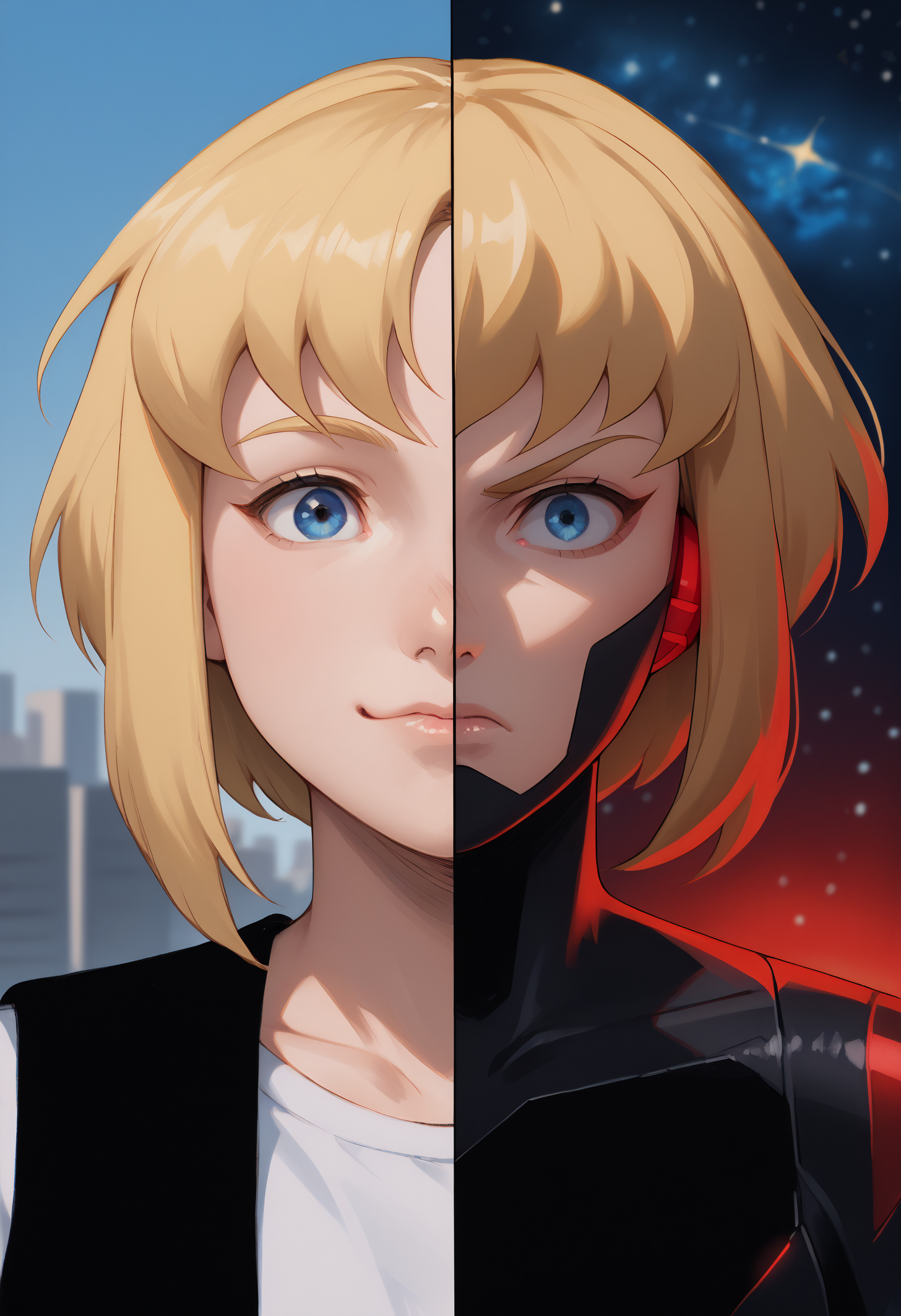 score_9, score_8_up, score_7_up,  portrait, black line, 2koma, wide shot, mirrored, 
BREAK black vest, white t-shirt, smile, closed mouth, city, blue sky, looking at viewer, <lora:Splitscreen_XLPD:0.7>, SplitScreen, split screen, karazoreldef, blue eyes, short hair, blonde hair, toned, <lora:Kara-Zor-ElPDXL_V1-Manityro-CAME:0.4>, upper body,
BREAK black line, black border, gap,
BREAK karazorelfit, red earpiece, red glow, black two-tone bodysuit, angry, frown, space, starry sky, dark, night, looking at viewer, <lora:Splitscreen_XLPD:0.7>, SplitScreen, split screen, karazoreldef, blue eyes, short hair, blonde hair, toned, <lora:Kara-Zor-ElPDXL_V1-Manityro-CAME:0.4>, upper body,