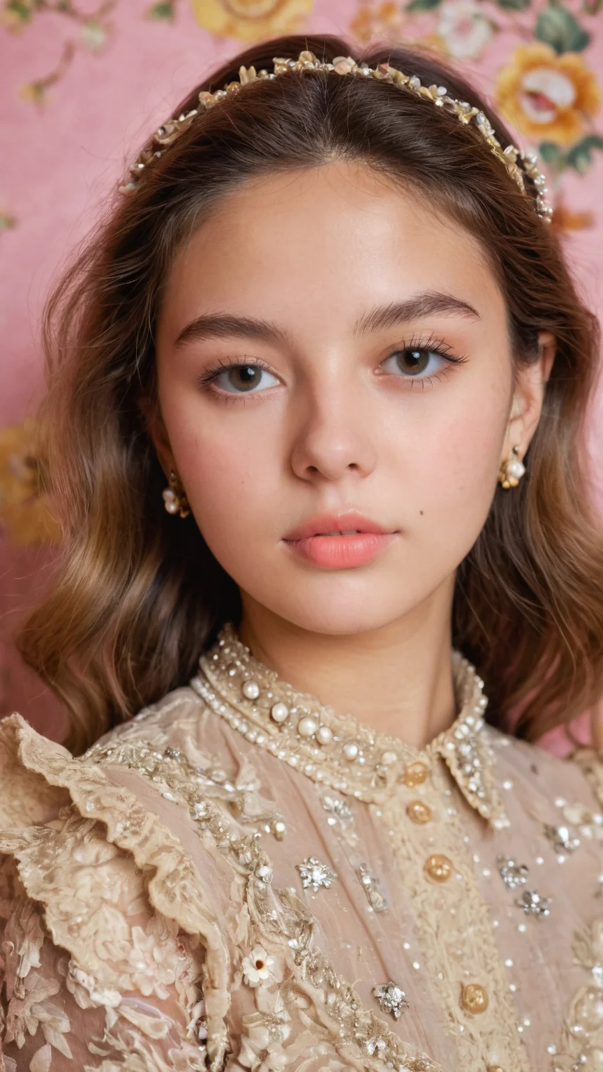 detailed portrait Photo of a beautiful 20yo woman who is an instgram influencer, detailed rich background by Cecil Beaton