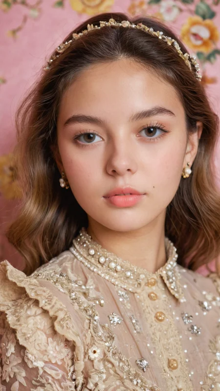 detailed portrait Photo of a beautiful 20yo woman who is an instgram influencer, detailed rich background by Cecil Beaton