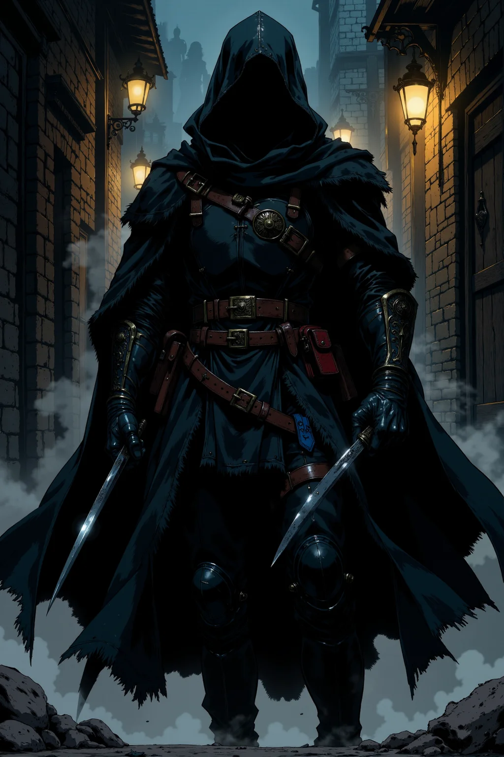 In a shadowed alley illuminated by the dim, flickering glow of distant lanterns, a cloaked figure stands poised, exuding an air of danger and precision. The figure is clad in layered black leather armor, its surface textured with scratches and buckles that gleam faintly in the low light. The hood obscures the figure’s face in darkness, adding an enigmatic intensity, while the faint glint of sharp eyes beneath hints at a predator-like focus. In each hand, the figure wields deadly blades—a thin, elegant rapier in the right hand and a shorter, jagged dagger in the left—both reflecting muted, silvery highlights from the sparse light. The rapier's guard features intricate carvings, while the dagger's hilt is wrapped in weathered leather, suggesting years of use. The dark fabric of the cloak ripples gently as if caught in a subtle breeze, its edges frayed and battle-worn, emphasizing its wearer’s seasoned nature. The background is alive with muted, diversified tones of grays, browns, and soft ambers. Shadowy figures linger in the distance, their vague outlines blending with the fog curling through the scene. Hints of red and cobalt blue catch the eye in the details of the figure’s belt and hidden pouches, breaking the monochromatic palette and adding depth. Dust and debris swirl faintly around the cobblestone streets, enriching the environment with a sense of movement. Rendered in a dynamic comic style, the scene emphasizes sharp contrasts and defined outlines, with precise hatching and dramatic lighting highlighting the textures of the armor and blades. The interplay of light and shadow accentuates the figure’s commanding presence, capturing the tension of a moment ready to erupt into swift and decisive action.
<lora:Dark_Gothic_Comic_style_v.2:0.9> DGC style.