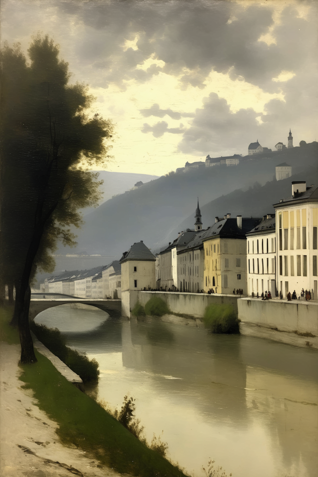 <lora:Jean-Baptiste-Camille Corot Style:1>Jean-Baptiste-Camille Corot Style - A beautiful dramatic painting style Camile Corot, on the shores of the bend of the great Salzach river, a poor old houses from the 18th century, cloudy day, humid weather, twilight, sunlight reflecting off the water, houses at the shadow