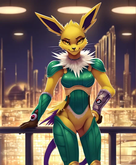 solo, miadothack, jolteon, anthro, female, pokemon, pokemon \(species\), generation 1 pokemon, yellow eyes, whiskers, armor, smile, penthouse, detailed background, by elysianelly, highly detailed, masterpiece, realistic, <lora:MiaDotHackXL_05-Noob-nd32-na32-lr2-ep20:1>