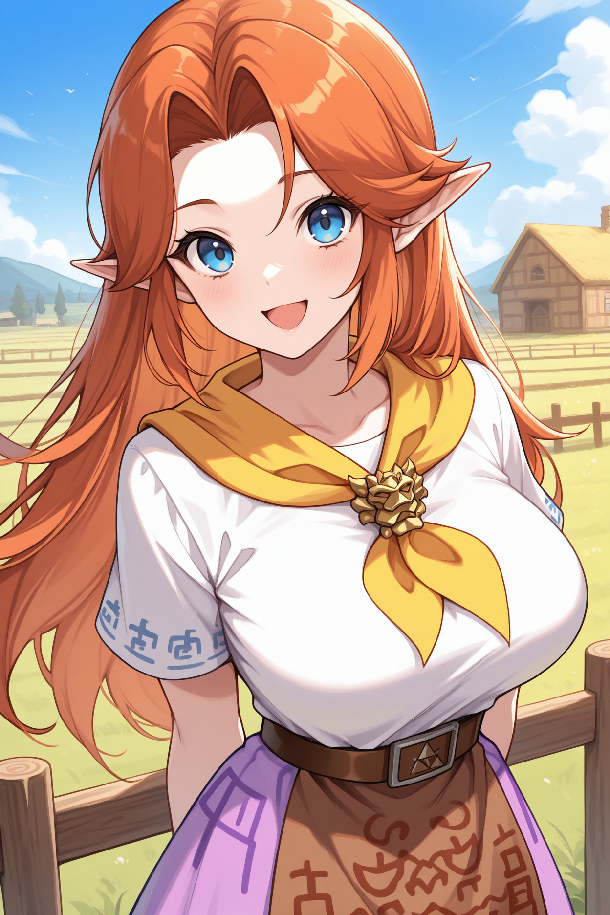 masterpiece, best quality, 1girl, solo,  <lora:malon-illu-nvwls-v1:1> mal0n, auburn hair, long hair, pointy ears, blue eyes, yellow neckerchief, gold brooch, white shirt, short sleeves, brown belt, long skirt, purple skirt, brown apron, large breasts, upper body, looking at viewer, smile, farm, blue sky, fence, arms behind back, open mouth