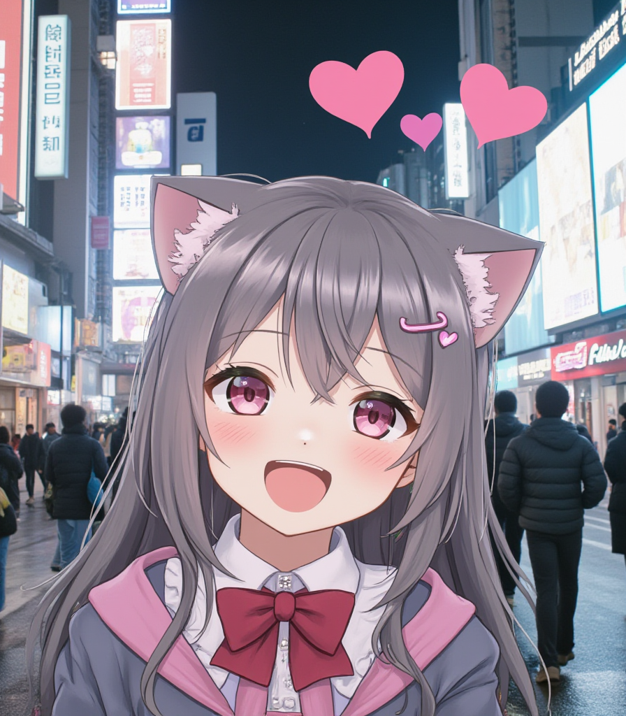 <lora:testo1:1> cyberpuk, anime style of a joyful cute kawaii cat girl with a detailedf nice japanese outfit in a crowded futuristic city, portrait, wet, night, love, pink, hearts, smile, kiss,