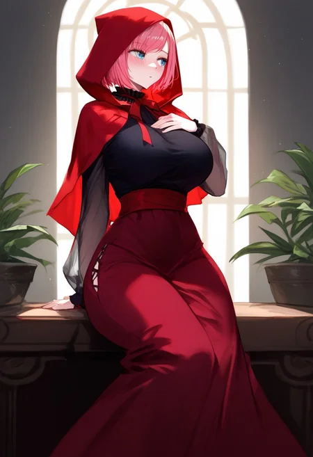 (score_9, score_8_up, score_7_up, high quality, best quality, ultra-detailed, very aesthetic, illustration, perfect composition, intricate details, absurdres, high res image, masterpiece, vibrant colors, beautiful face, detailed face, 1girl, solo focus, perfect eyes, detailed eyeshand, perfect hands), female, pink hair, medium hair, bob cut, swept bangs,  blue eyes, pale skin, thick thighs, perfect body, voluptuous, huge breasts, curvy body, narrow-waisted, wide hips, (luiThird, red hood, hooded cloak, black shirt, frilled collar, long sleeves, see-through sleeves, neck ribbon, long skirt, high-waist skirt, red skirt, cross-laced side slit, red sash, grey socks, black footwear, loafers), (blushing, looking away, hand on chest), (indoors, bedroom)