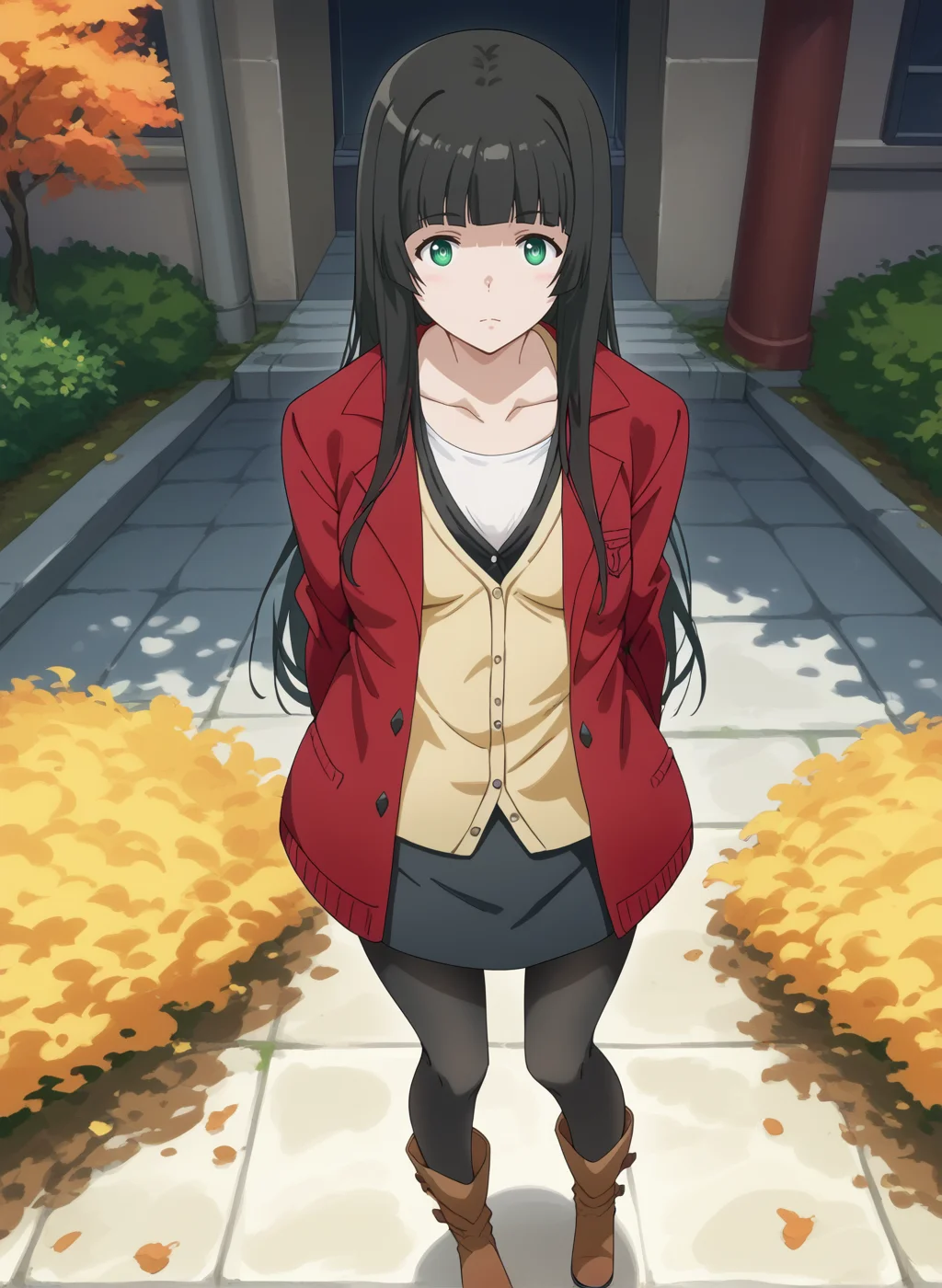 (score_9,score_8_up,score_7_up,source_anime,anime,nsfw,rating_explicit,uncensored),(High quality, Ultra detailed, best quality, insanely detailed, beautiful, masterpiece,perfect lighting) BREAK <lora:kowata_makoto_V1:1>,(kowata_makoto, long hair, black hair, green eyes, small breasts, red coat,black skirt,black pantyhose,hime cut,cardigan,boots),1girl,solo,giggling,standing,outdoors,from_above,,looking_at_viewer,